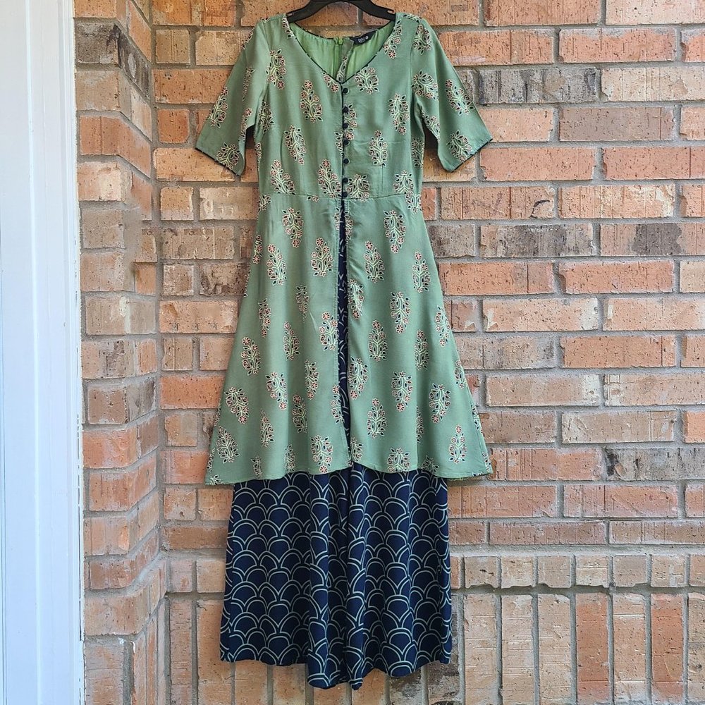Indya Womens Dress With Attached Wide Leg Pants Blue Green Size S